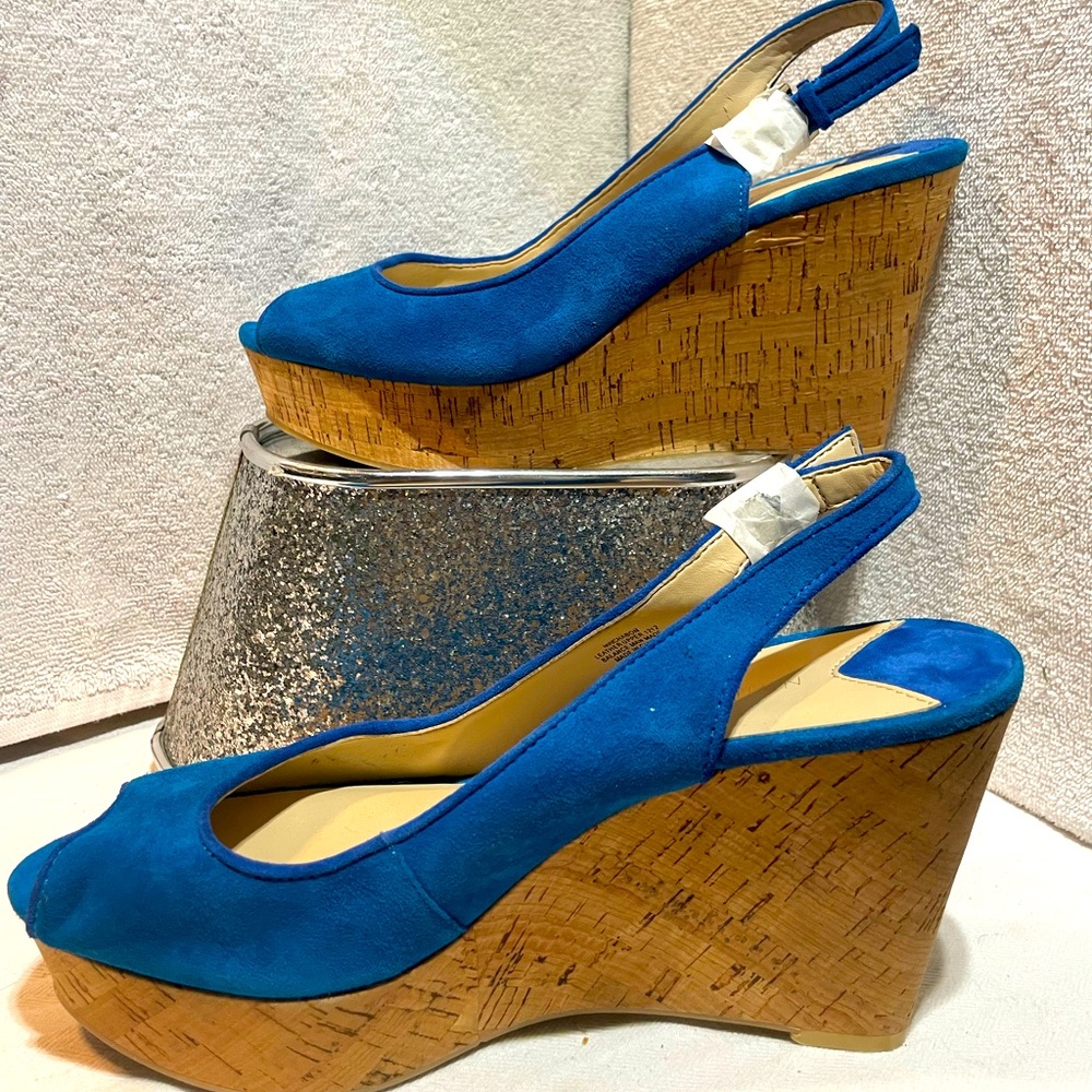 Nine West Womens Suede Cork Open Toe Sandal Heels Strap Back Wedge